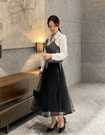 Pierre Double Tulle Lace Pleated Banding Skirt